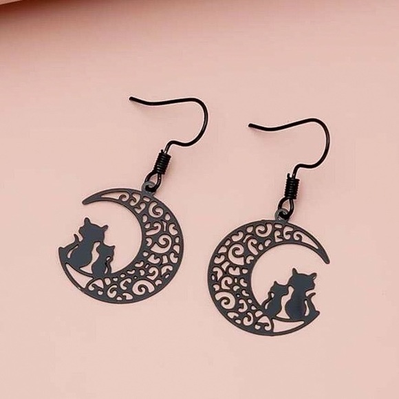 Any 4/$25! Black Laser Cut Filagree Half Moon w/Cat Silhouettes Drop Earrings - Picture 4 of 8